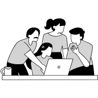 Four students gathered around a laptop, discussing about grammar