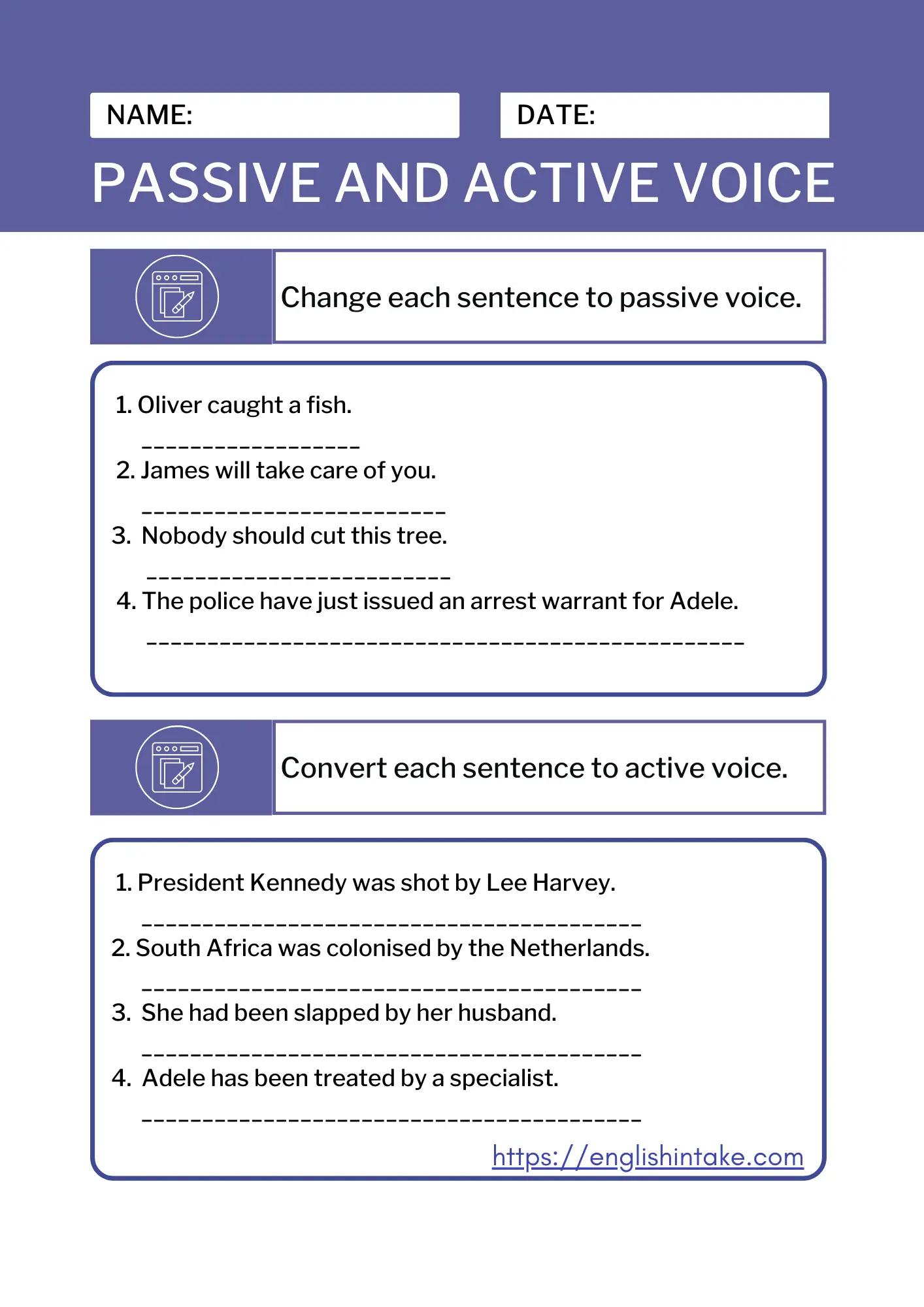 Active and passive voice exercises Active and passive voice exercises with 8 sentences to be rewritten.