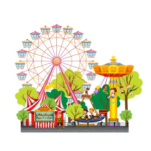 Kids amusement park A bustling amusement park with Ferris wheels in the background