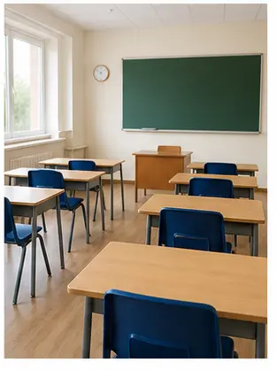 A classroom for English school vocabulary learners.