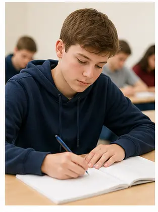 A student writing in a classroom for English school vocabulary learners.