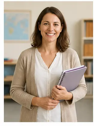A teacher in a classroom for English school vocabulary learners.