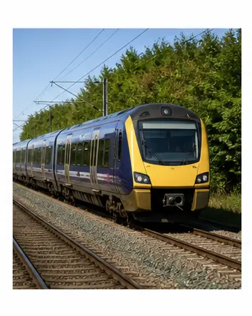 A train on railway tracks for English transport vocabulary learners.