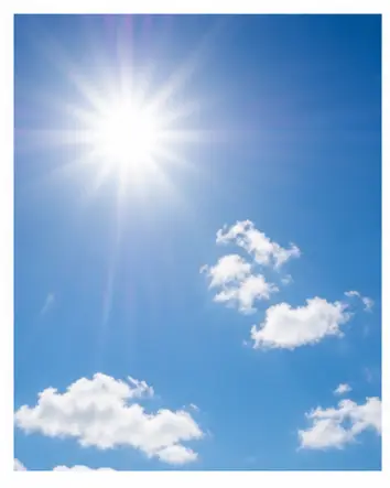 A bright sun in a blue sky for English weather vocabulary learners.