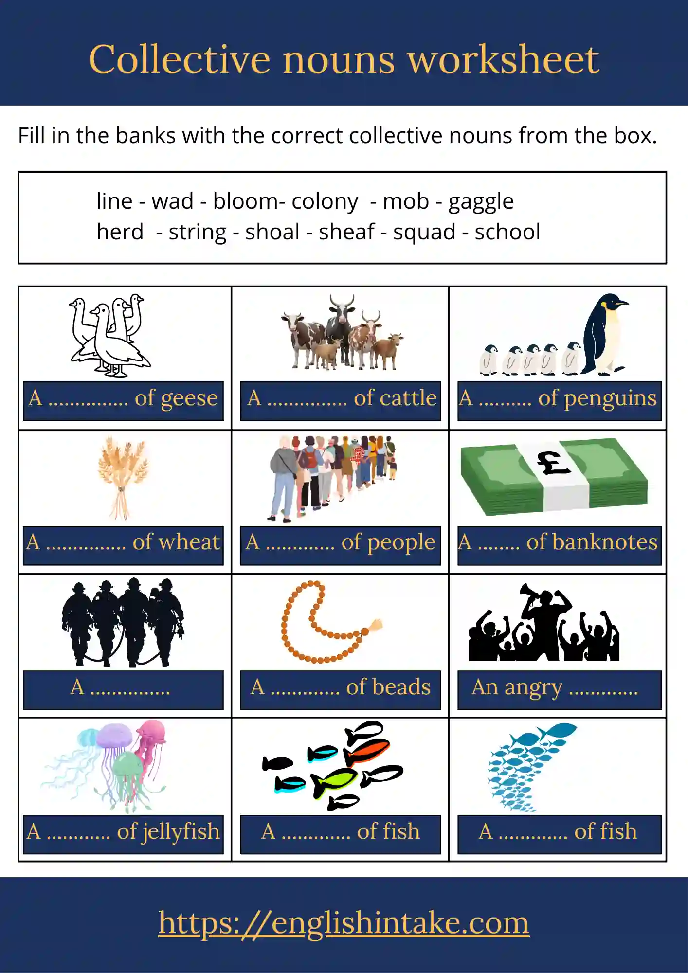 Collective nouns worksheet Collective nouns worksheet with 12 pictures, illustrating a group of animals and things, to label using the correct word from a list.