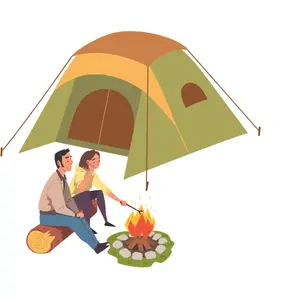 A couple sitting by a campfire next to their tent.