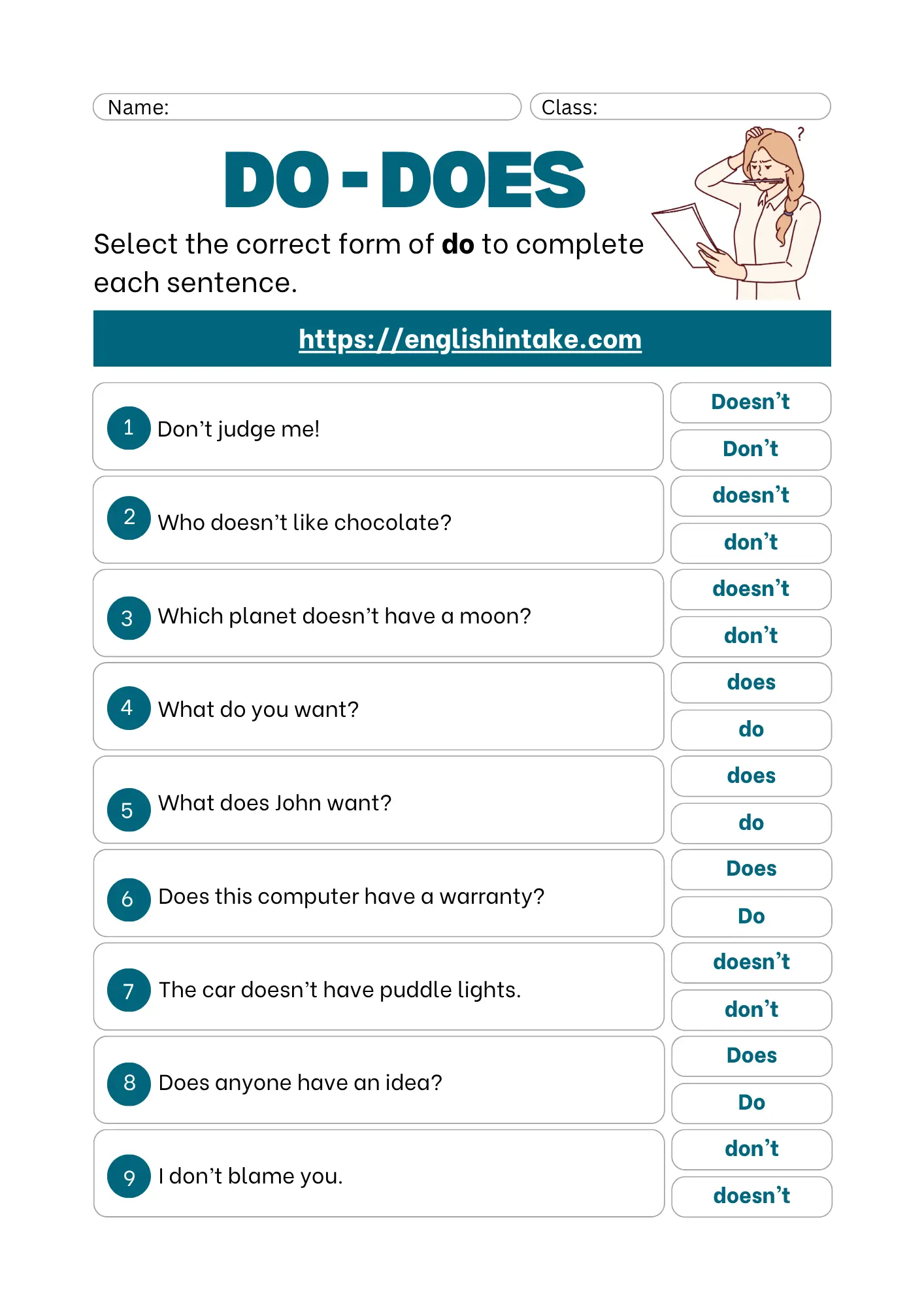 Do - does exercises Do - does exercises with 9 sentences to fill