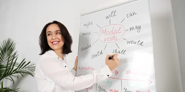 A female ESL teacher teaching modal verbs to her students