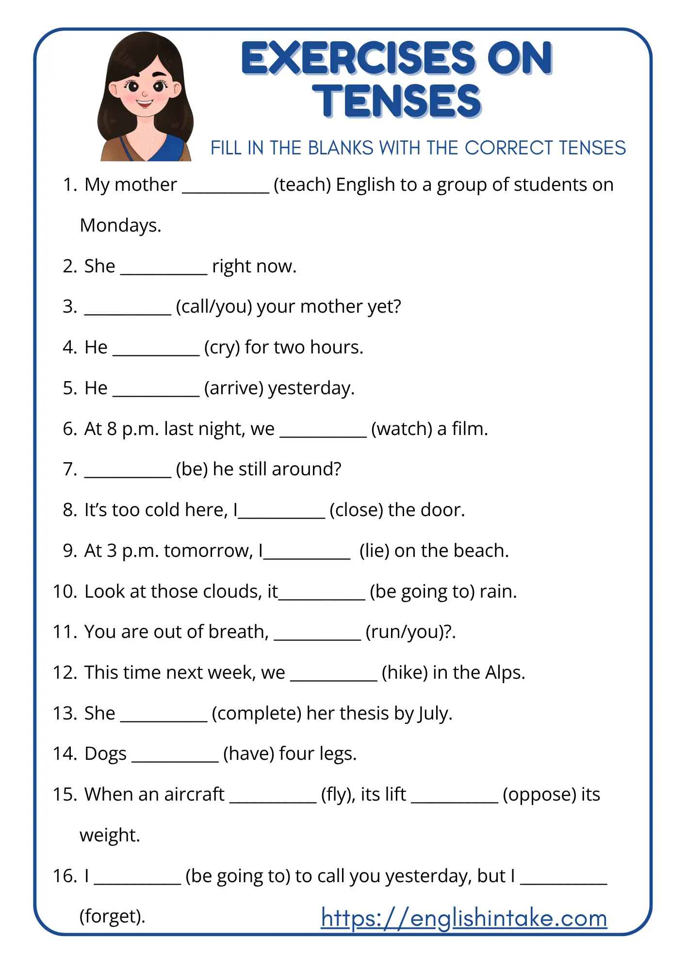 Exercises on tenses 16 exercises on tenses - printable worksheet