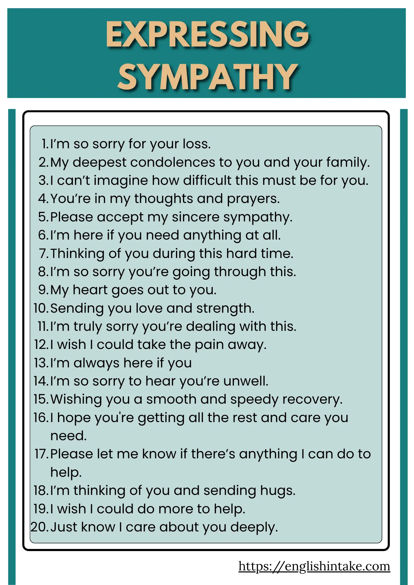 Expressing sympathy to someone Expressing sympathy to someone in various ways. They include 20 example sentences to say your love and support to the person you care about.