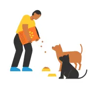 A girl is kneeling while pouring food into a bowl for a happy brown dog wearing a collar.