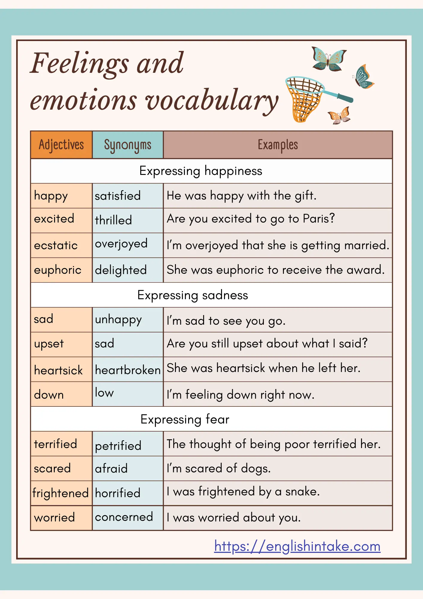 Feelings and emotions vocabulary This vocabulary lesson contains 24 adjectives with example sentences to describe feelings and emotions