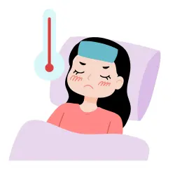 A girl having a fever, sleeping in a bed.