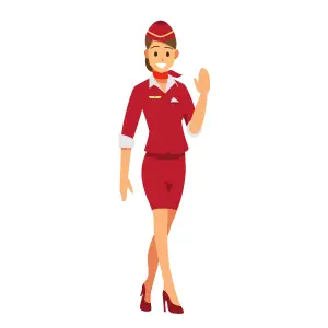 A smiling flight attendant in a red uniform waving hello