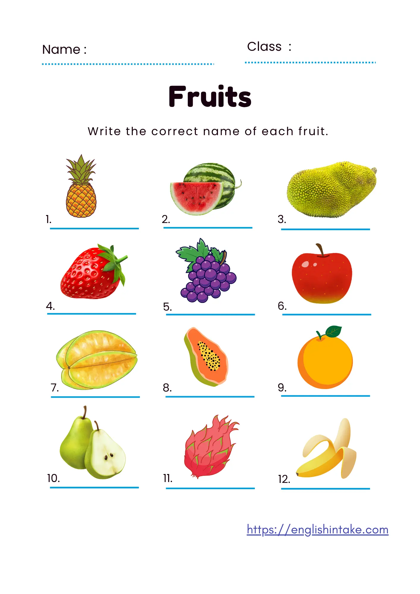 Fruits worksheet Fruits worksheet with 12 pictures to name