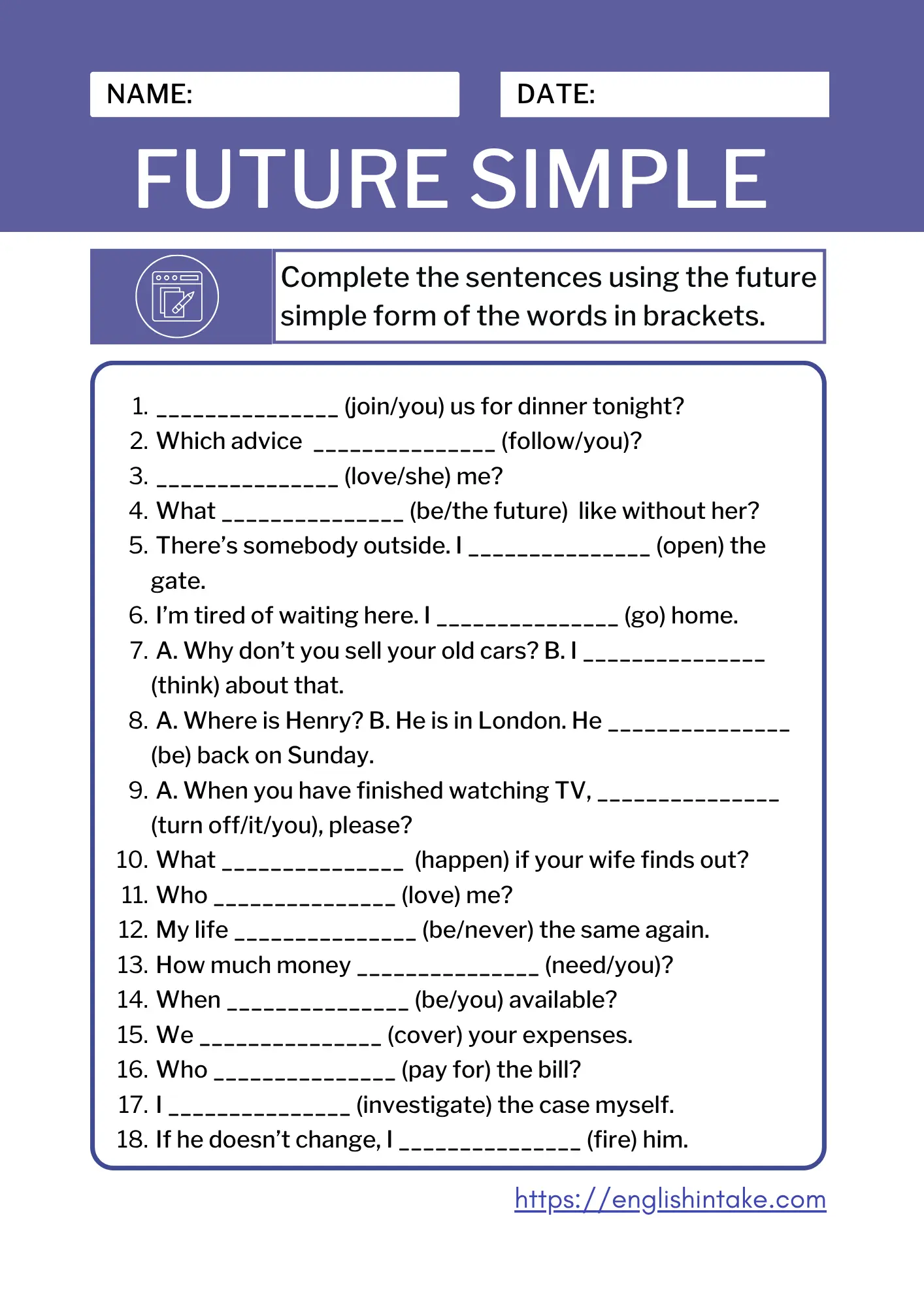 Future simple exercises with answers. This grammar worksheet includes 18 sentences to complete.