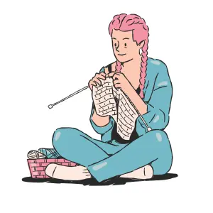 A girl sitting and knitting a scarf