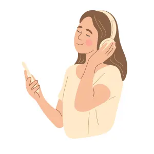 A girl with a phone and headphones listening to music