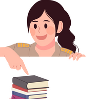 A Girl gesturing towards a stack of books