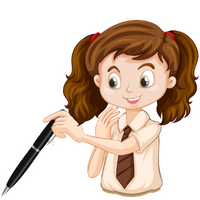 A girl holding a pen, illustrating the use of the possessive pronouns mine.