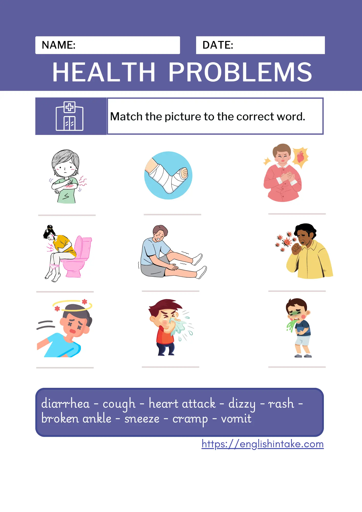 Health vocabulary exercises with 9 pictures that need to matched to their respective description