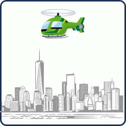 A helicopter flying above a city