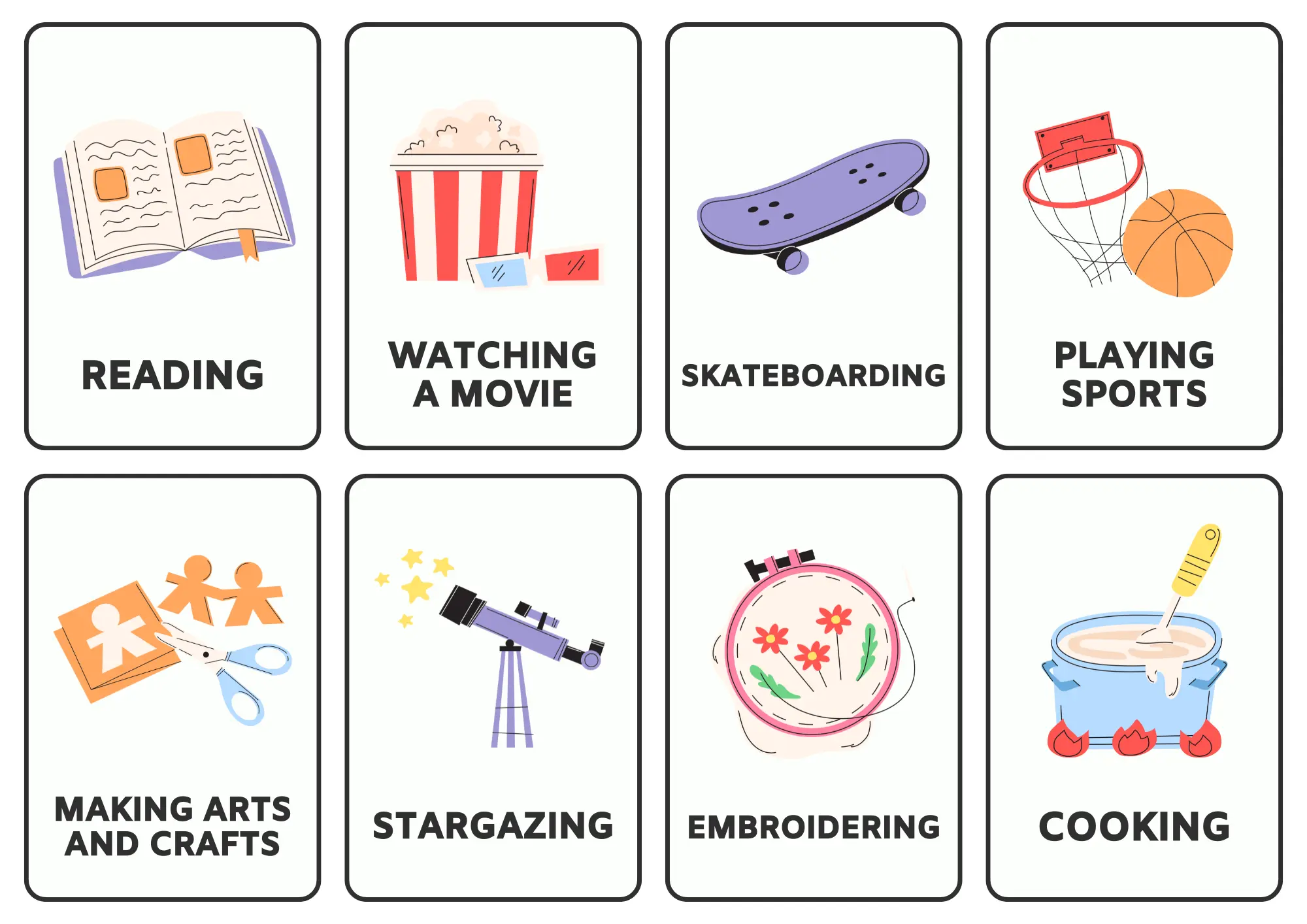 Flashcards about hobbies and interests in English