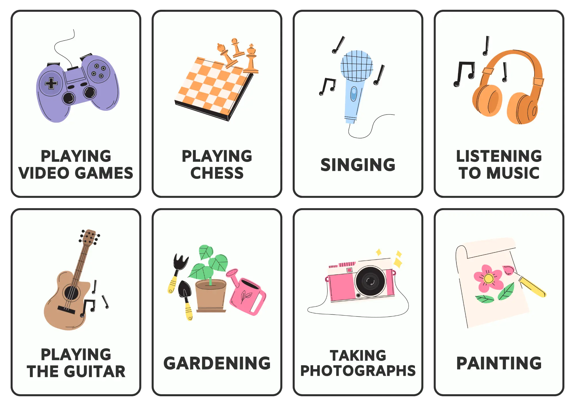 Hobbies flashcards containing 8 names of indoor and outdoor activities in English