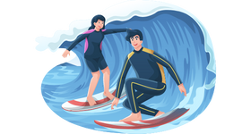 Photo of a man and a woman surfing