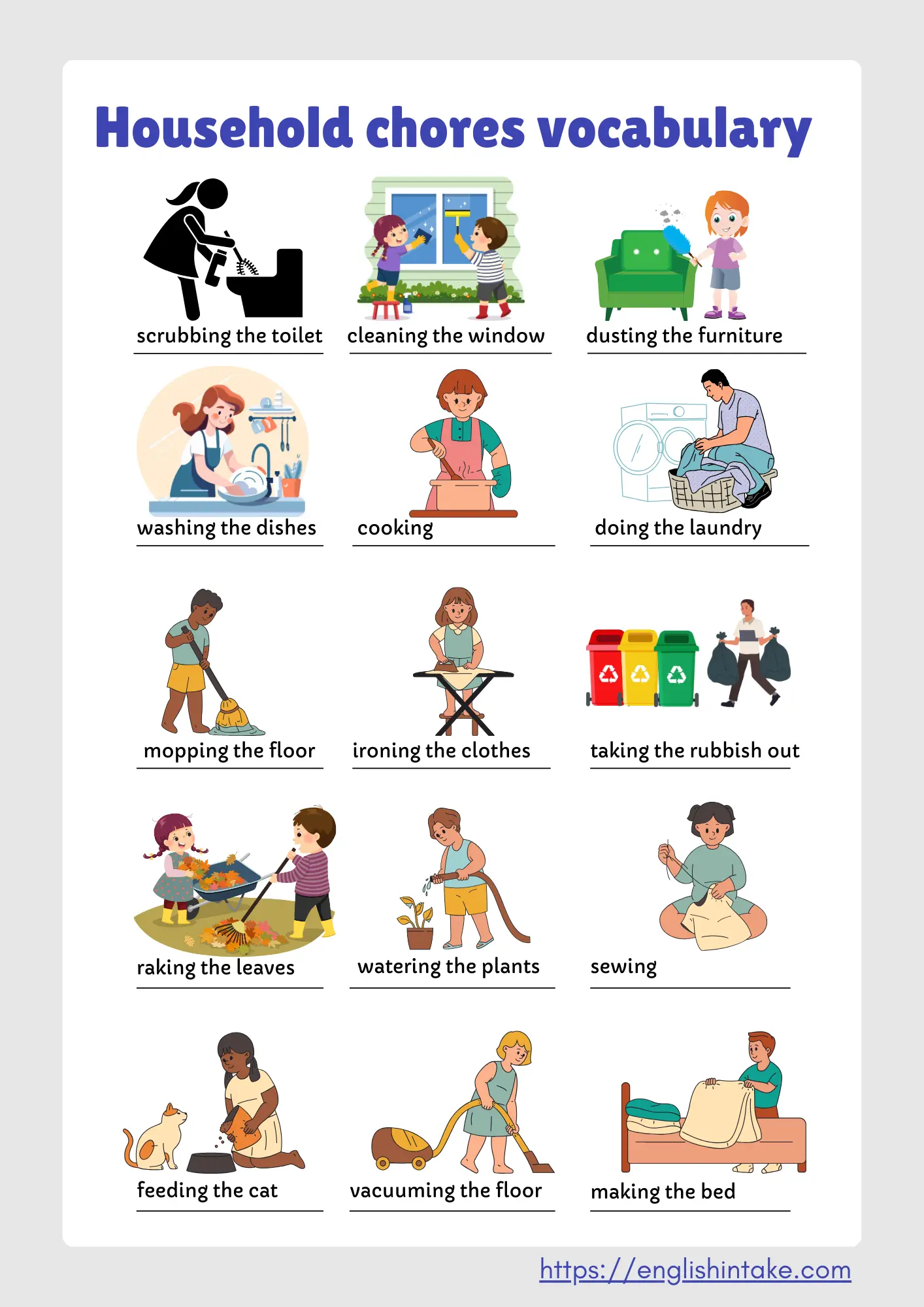 Household chores vocabulary List of vocabulary words about household chores with picture illustration