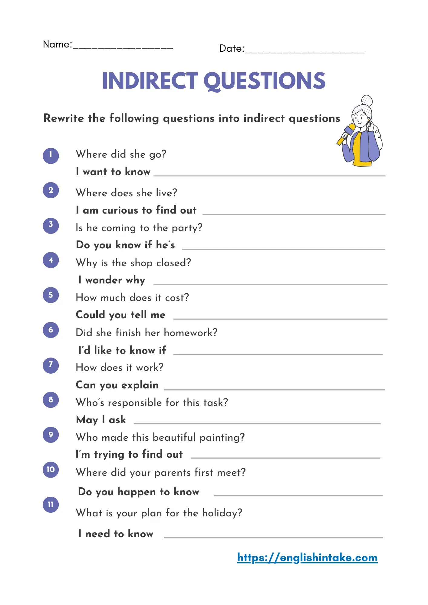 Worksheet with a list of direct questions for students to rewrite as indirect questions using formal introductory phrases.