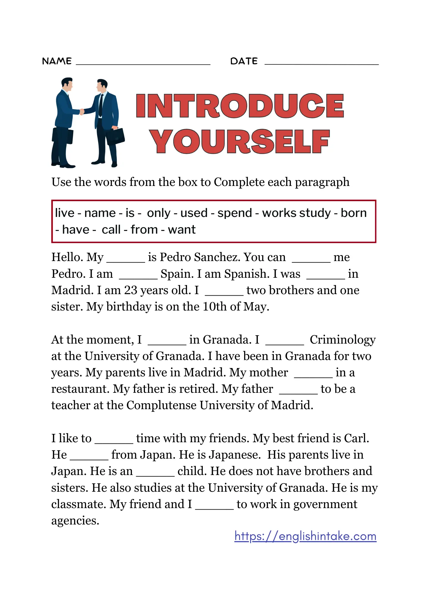 Introduce yourself exercises for ESL students with answers - A worksheet is available to print.