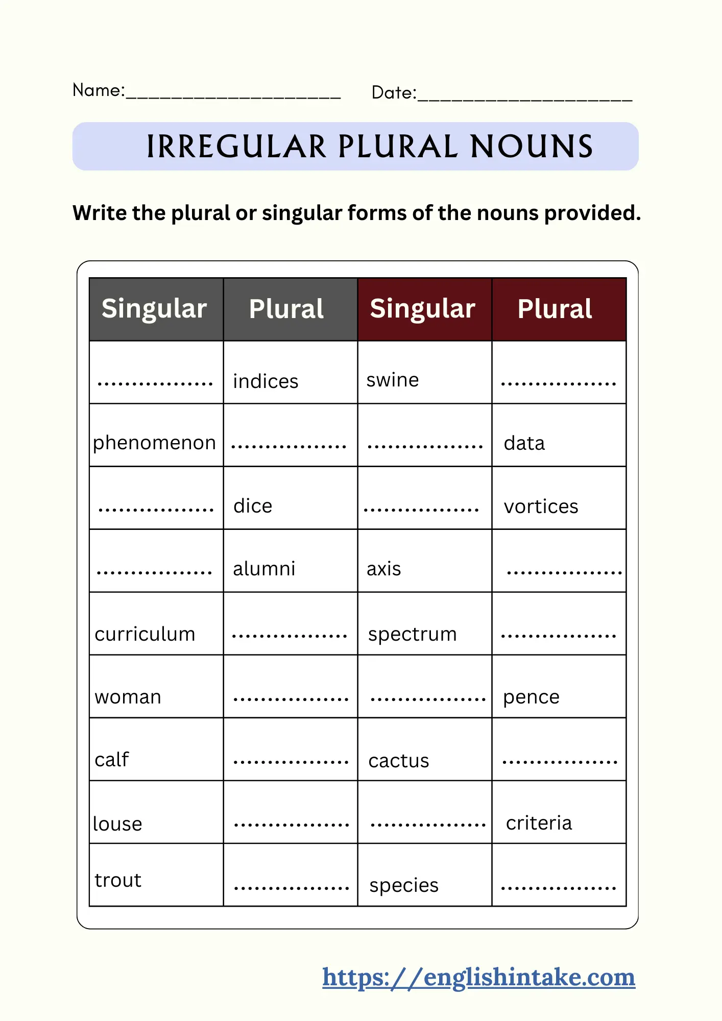 Irregular plural nouns exercises Irregular plural nouns exercises and worksheet with answers