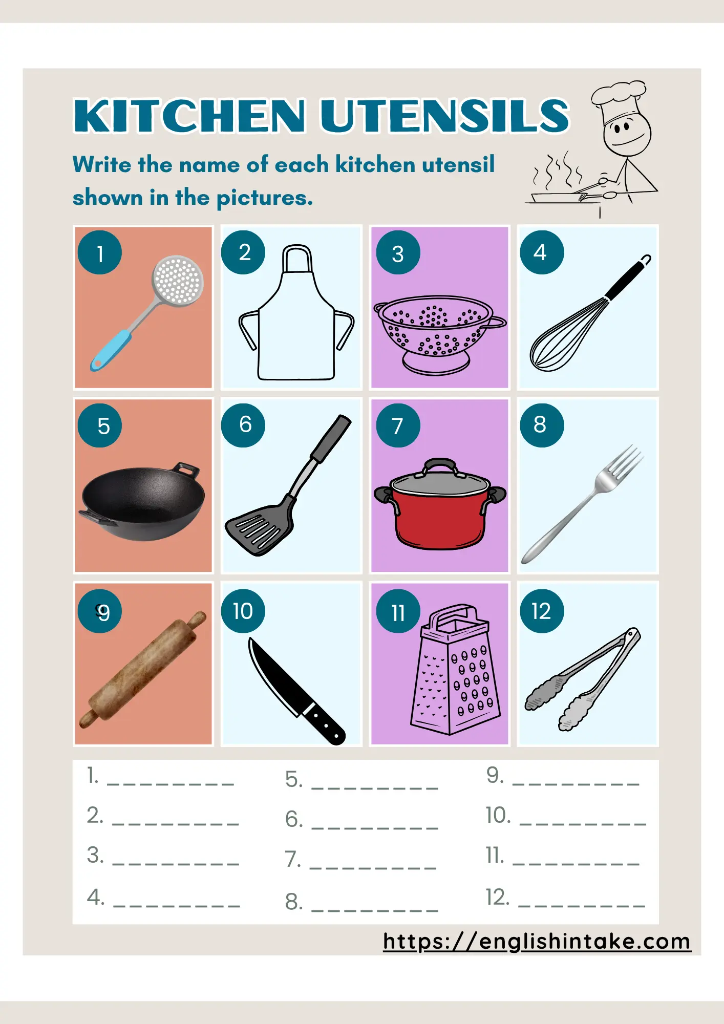 Kitchen vocabulary exercises 12 kitchen utensils to name - ESL vocabulary exercise