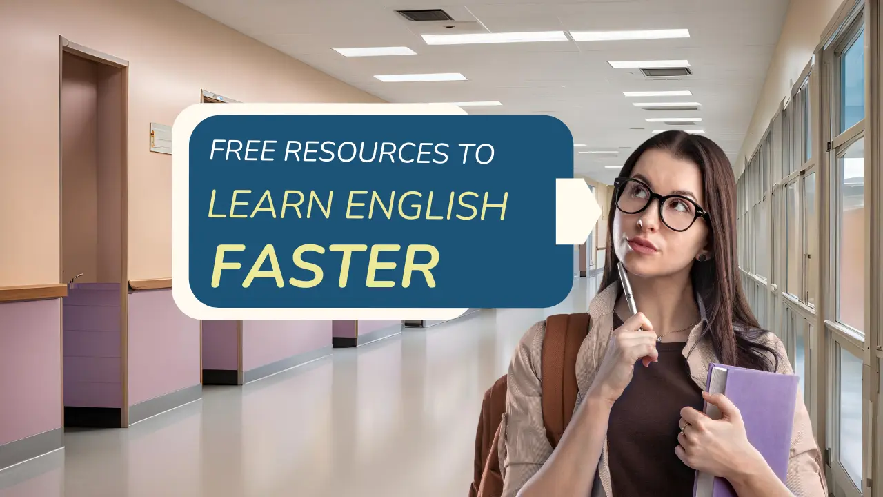 A website banner that reads ‘Free resources to learn English faster’, in which a student is holding a notebook in a school hallway