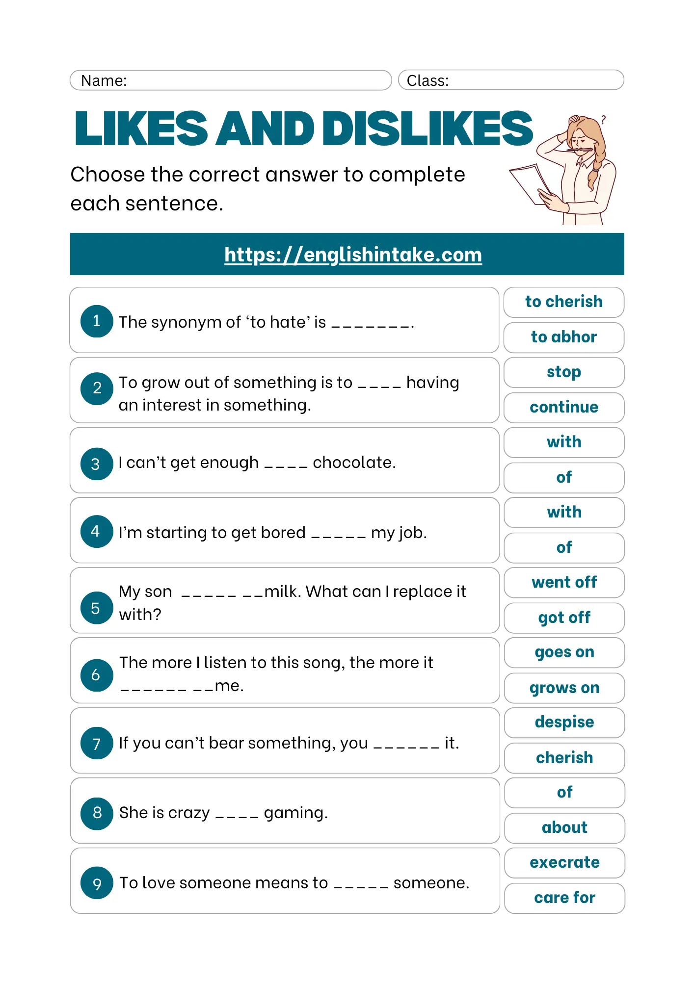 Likes and dislikes exercises with multiple-choice questions. A PDF worksheet with answers is available to download.