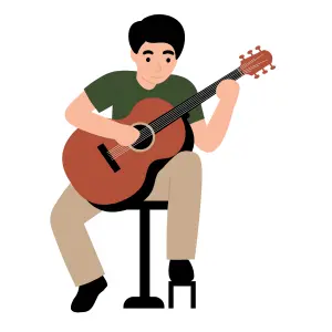 A boy sitting on a chair and playing classical guitar