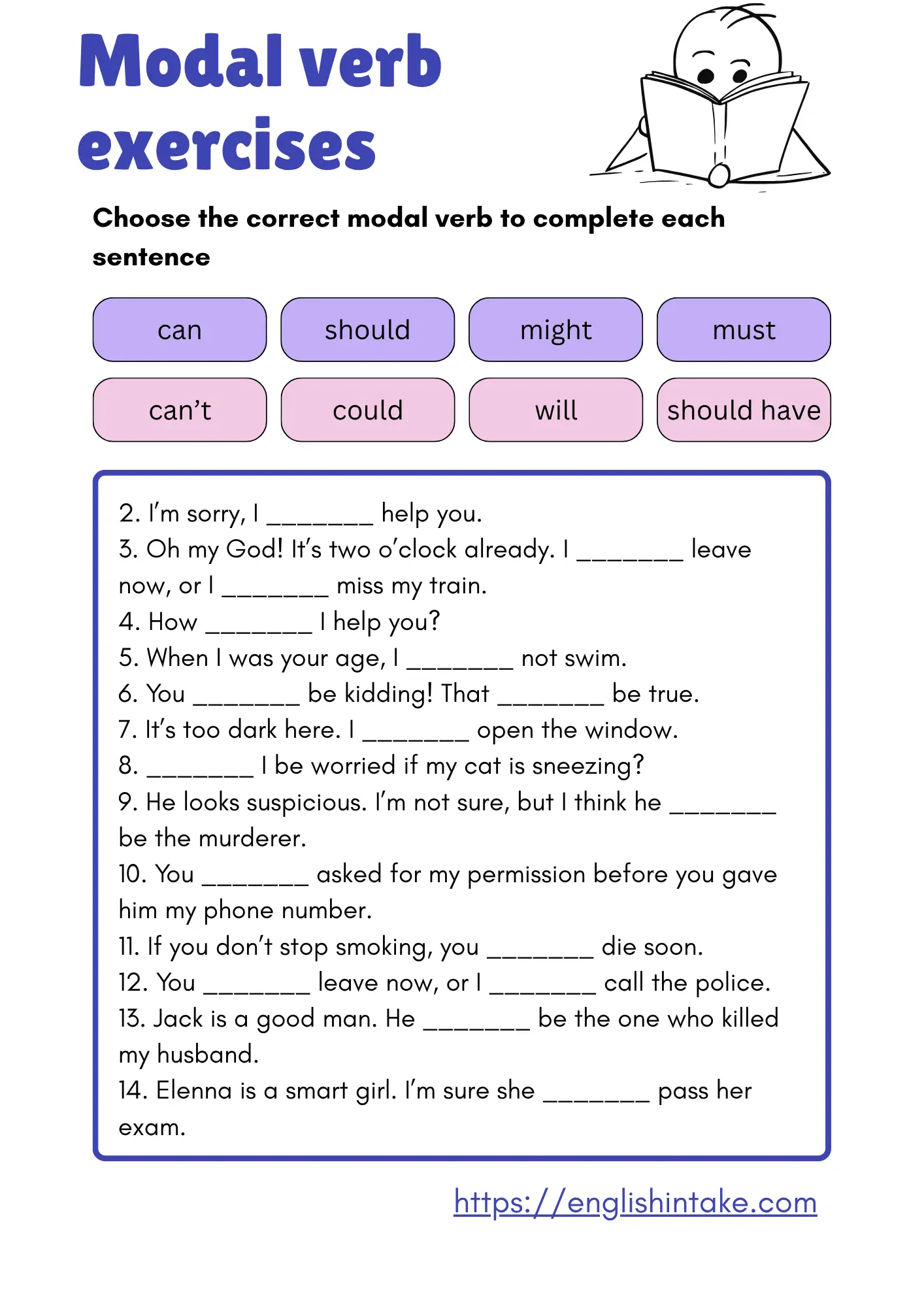 Modal verb exercises Modal verb worksheet with 14 multiple-choice question exercises