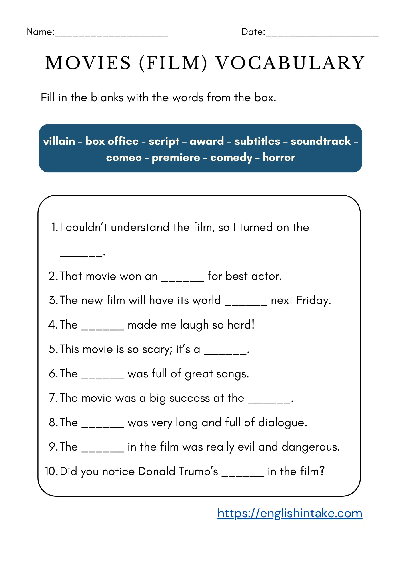 Film vocabulary Fill-in-the-blanks exercises on movies (film)