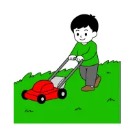 A man is wearing a straw hat and overalls mowing the lawn with an orange lawnmower.