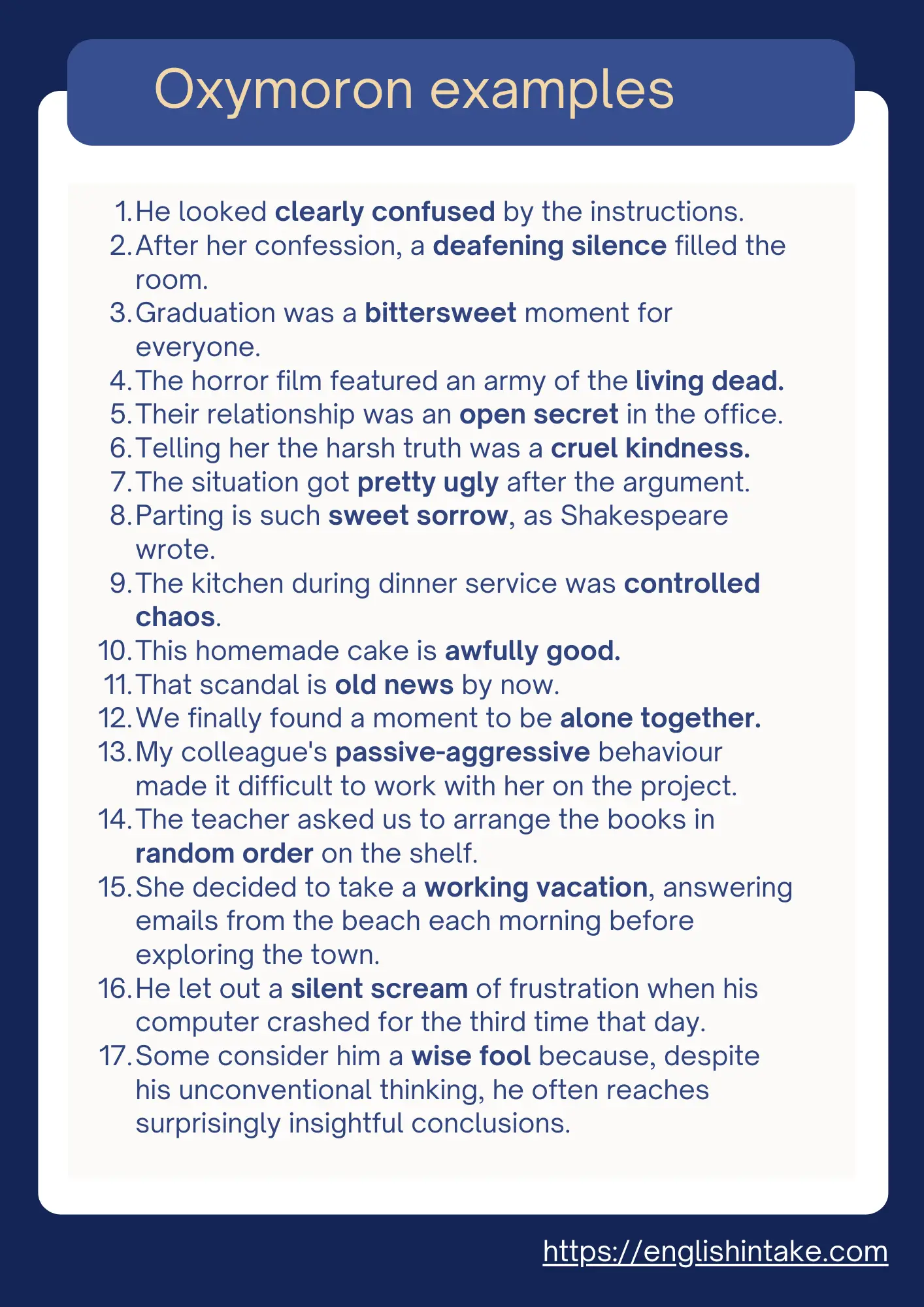 Oxymoron examples 17 oxymoron examples (each in a sentence) to make your English elegant