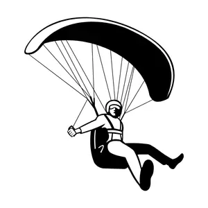 Man paragliding in the sky, adjusting the harness mid-flight
