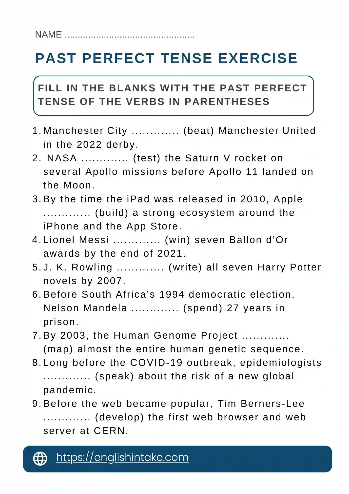 Past perfect tense exercises Past perfect tense worksheet with fill-in-the-blanks exercises