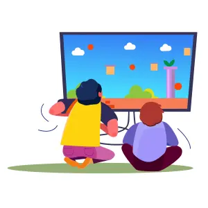 Two boys playing video games at home