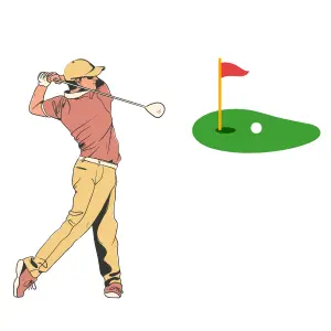 Man playing golf on a green field, swinging a club