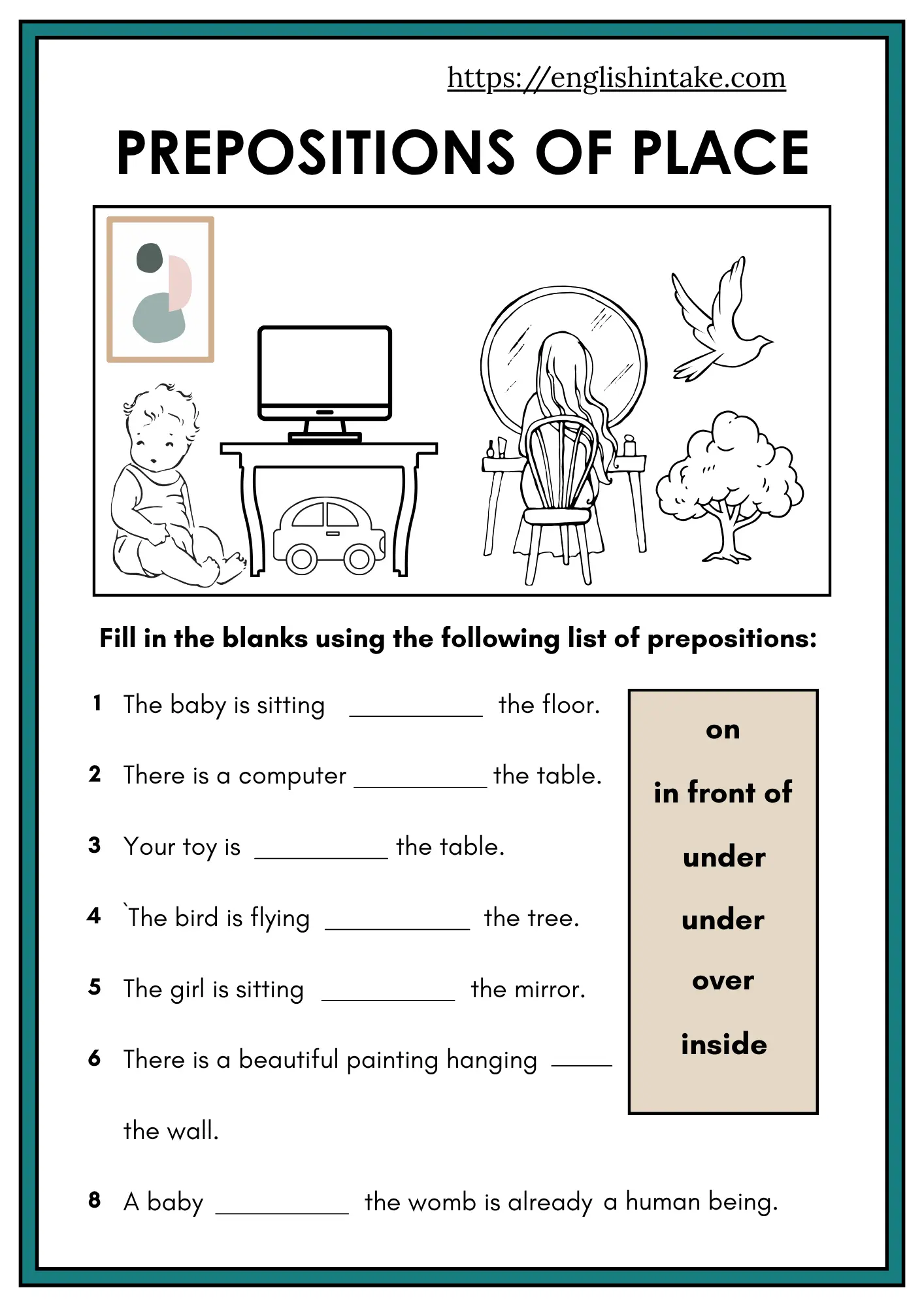 Preposition of place exercises A preposition of place worksheet with illustrated pictures and fill-in-the-blank exercises