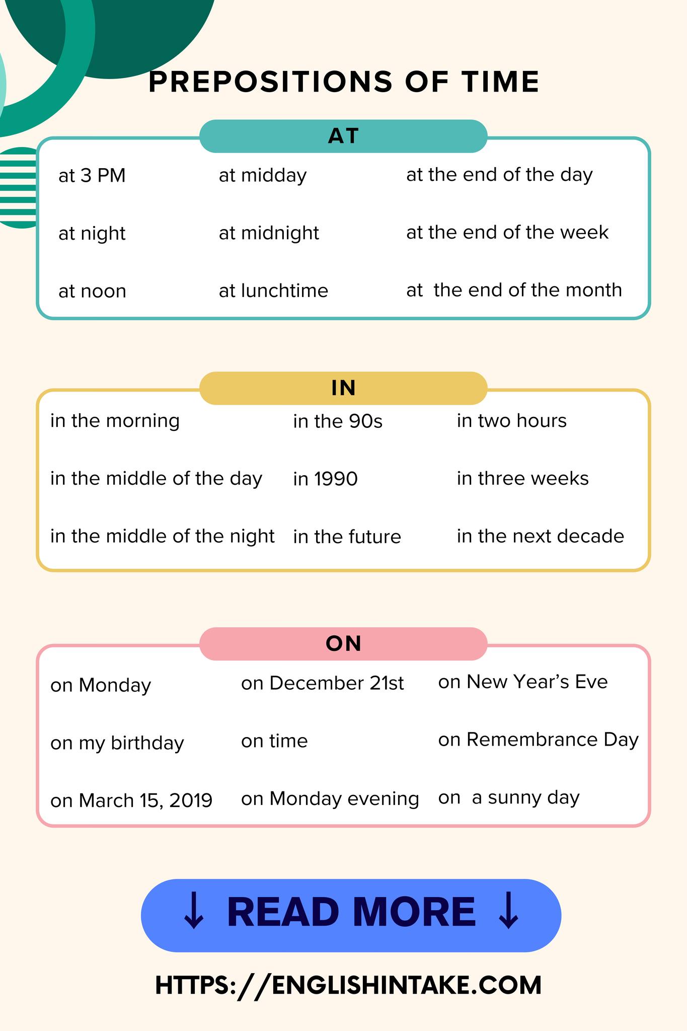 Prepositions of time Prepositions of time with 27 example usage of in, at, and on in sentences
