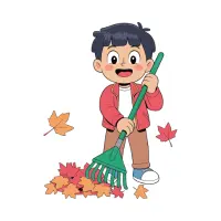 A boy is wearing a cap and raking colourful autumn leaves in a garden.