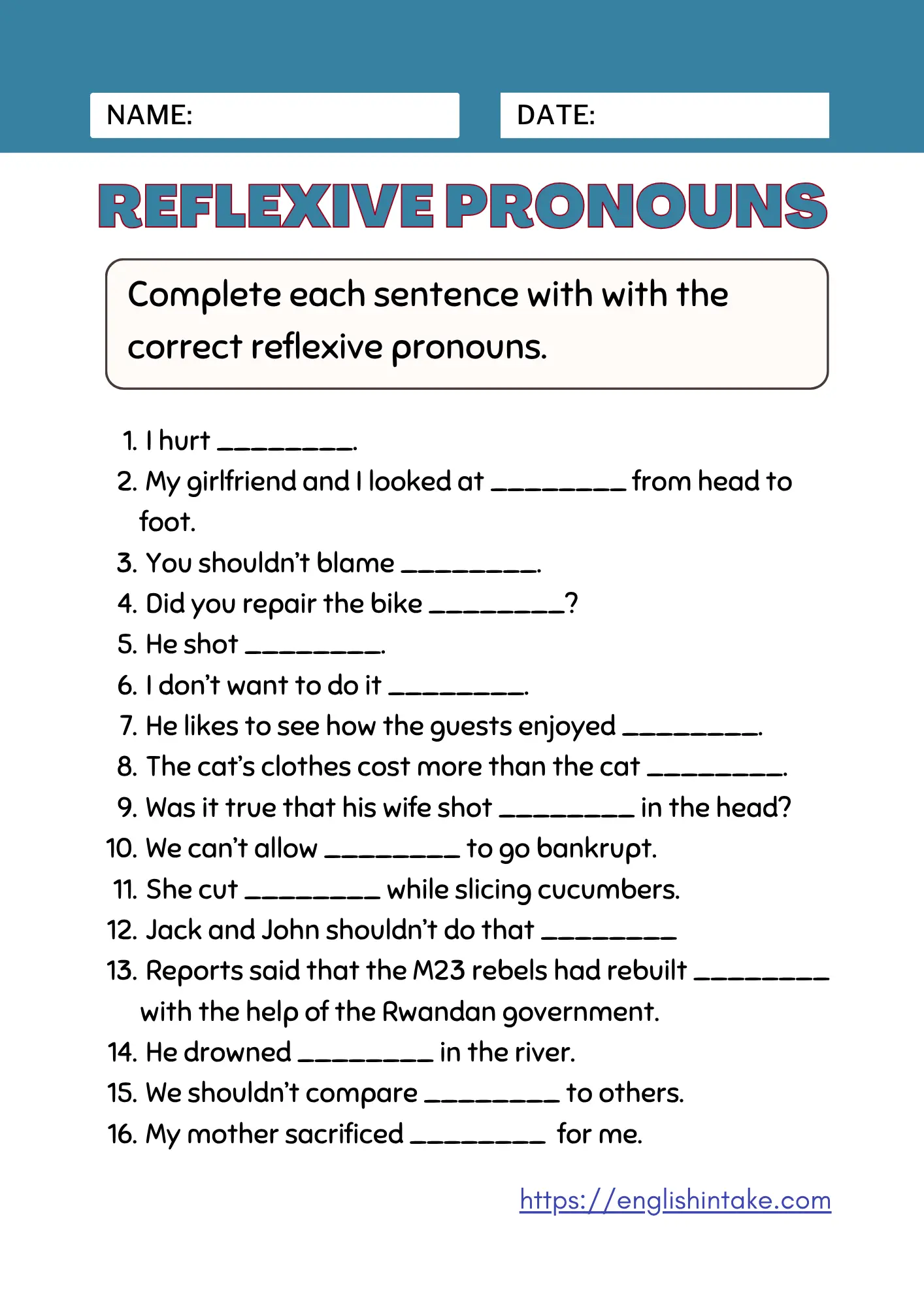 These reflexive pronoun exercises contain 16 sentences to fill in. Answers are given, and a PDF worksheet can be downloaded for free.