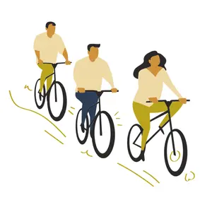 Two men and a woman riding bicycles